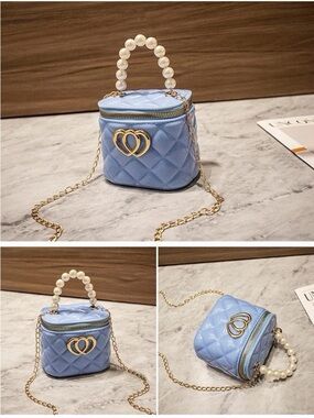 Quilted Pearl-Handle Crossbody Bag in Light Blue